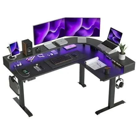 Fezibo Triple Motor L Shaped Stadning Desk with LED Strip & Power Outrlets63 ...