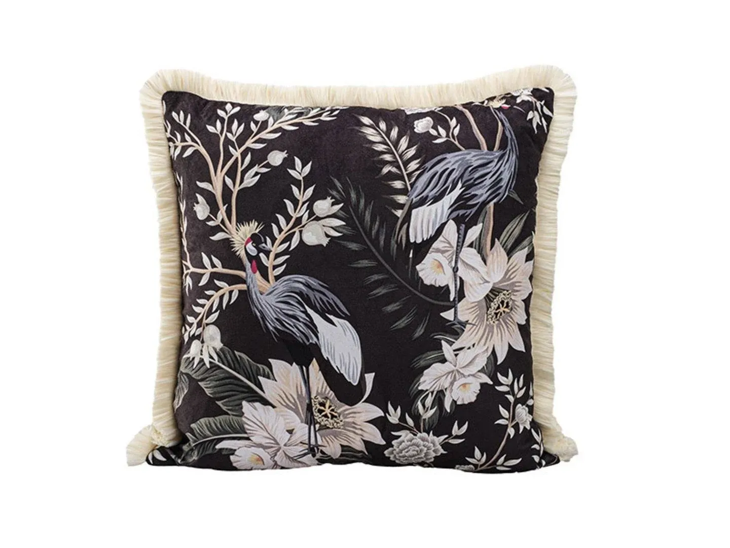 Asdiva Cream Fringed Heron Bird Throw Pillow Cover Velvet Cushion Cover for Velvet Nubuck Leather Sofa Chesterfield 17x17 Inches Soft Decorative