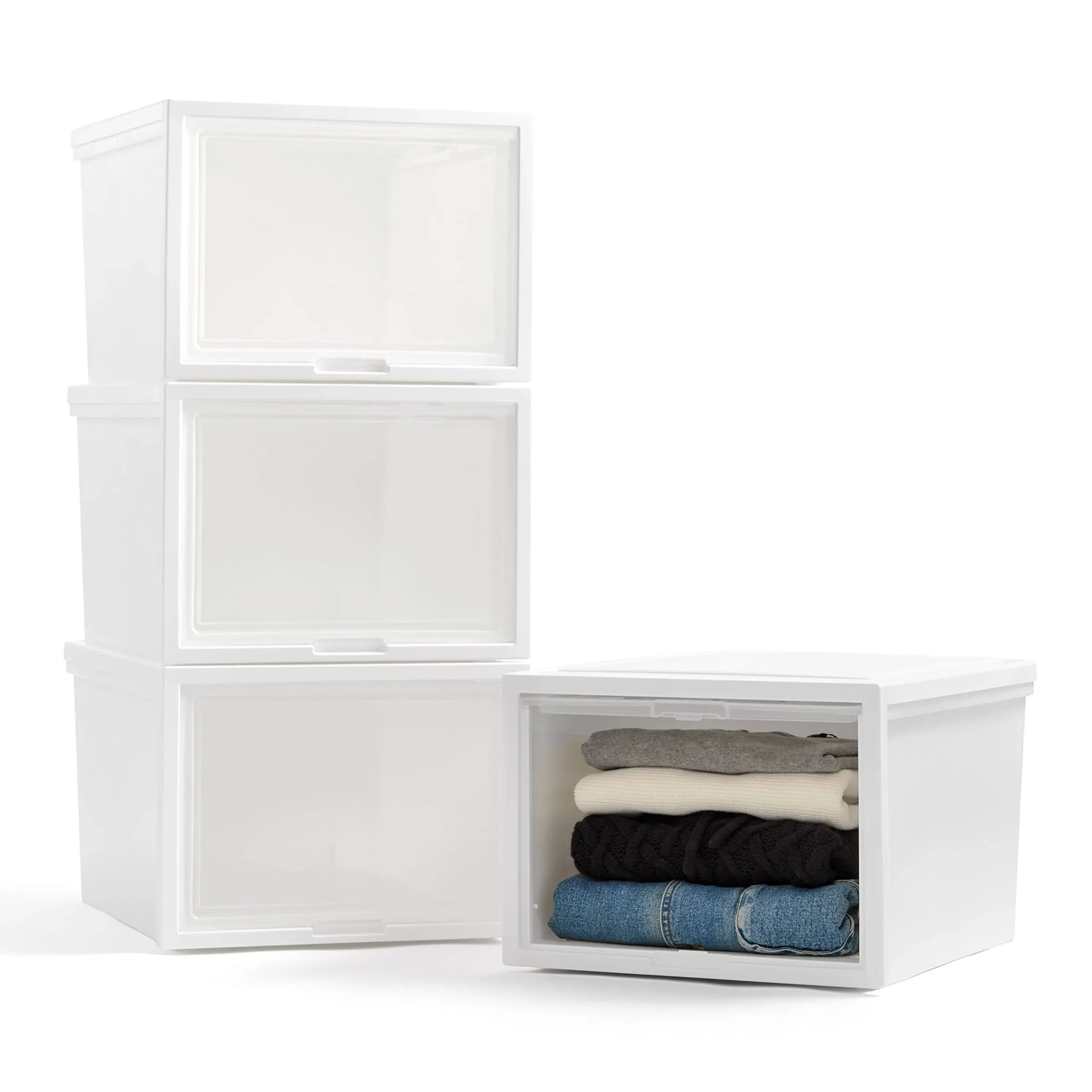 Iris USA 4 Pack 42 qt. Large Stackable Storage System for Clothes with Flip-Up Door, White