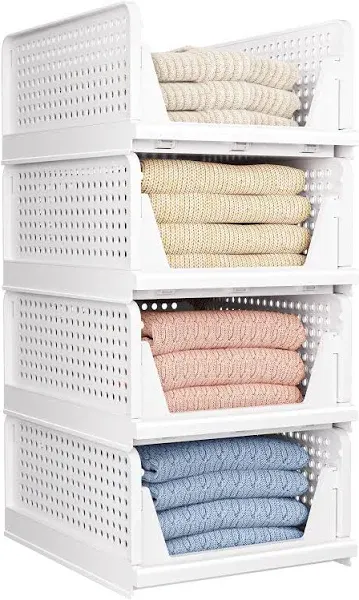 4 Pack Folding Closet Organizers Storage Box, Stackable Storage Bins, Plastic Dr