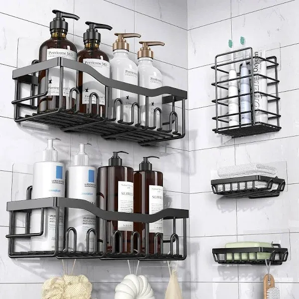 Adhesive Shower Caddy, 5 Pack Stainless Steel Bath Organizers with No Drilling, 