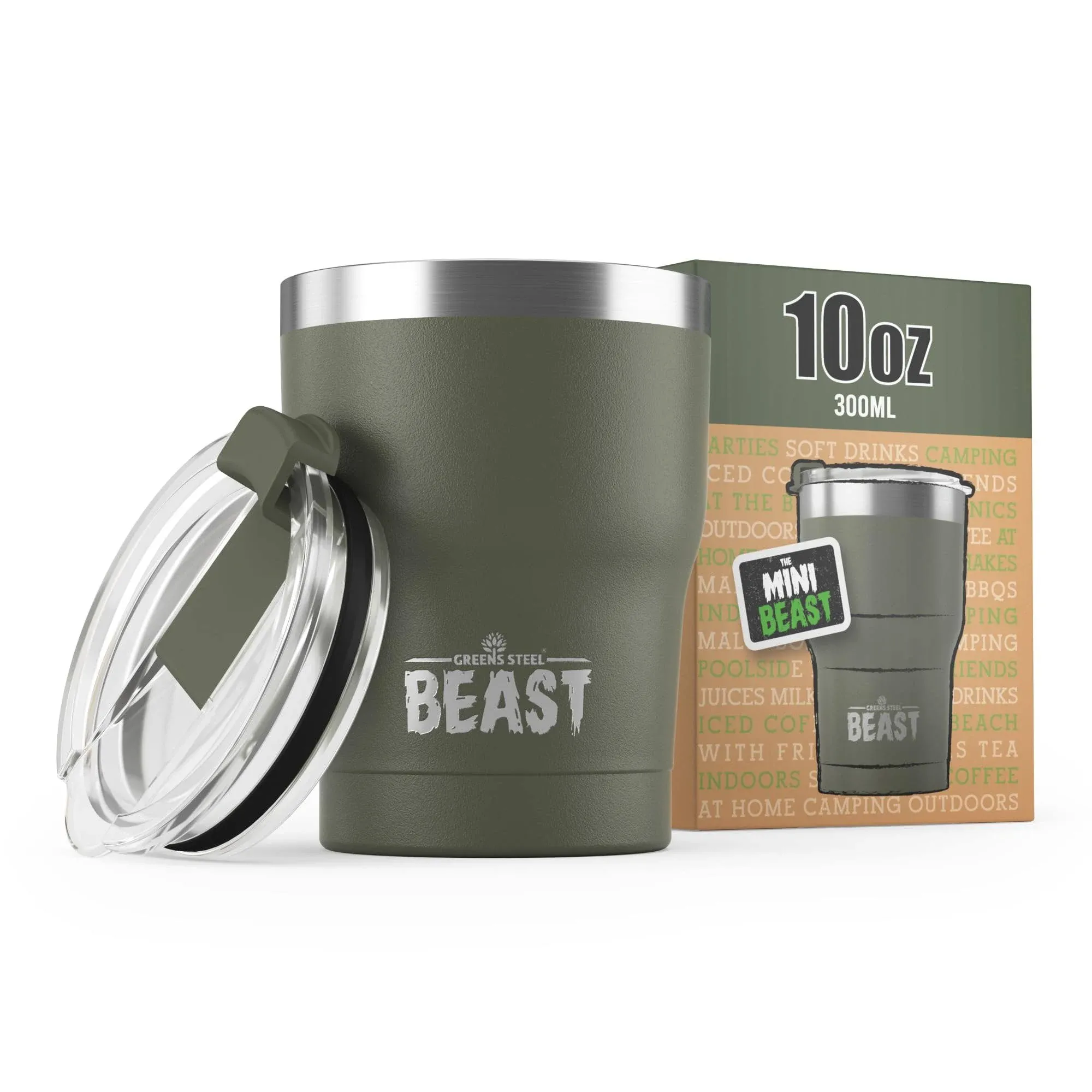 Greens Steel Beast 10 oz Tumbler Stainless Steel Vacuum Insulated Coffee Ice Cup Double Wall Travel Flask (Army Green)