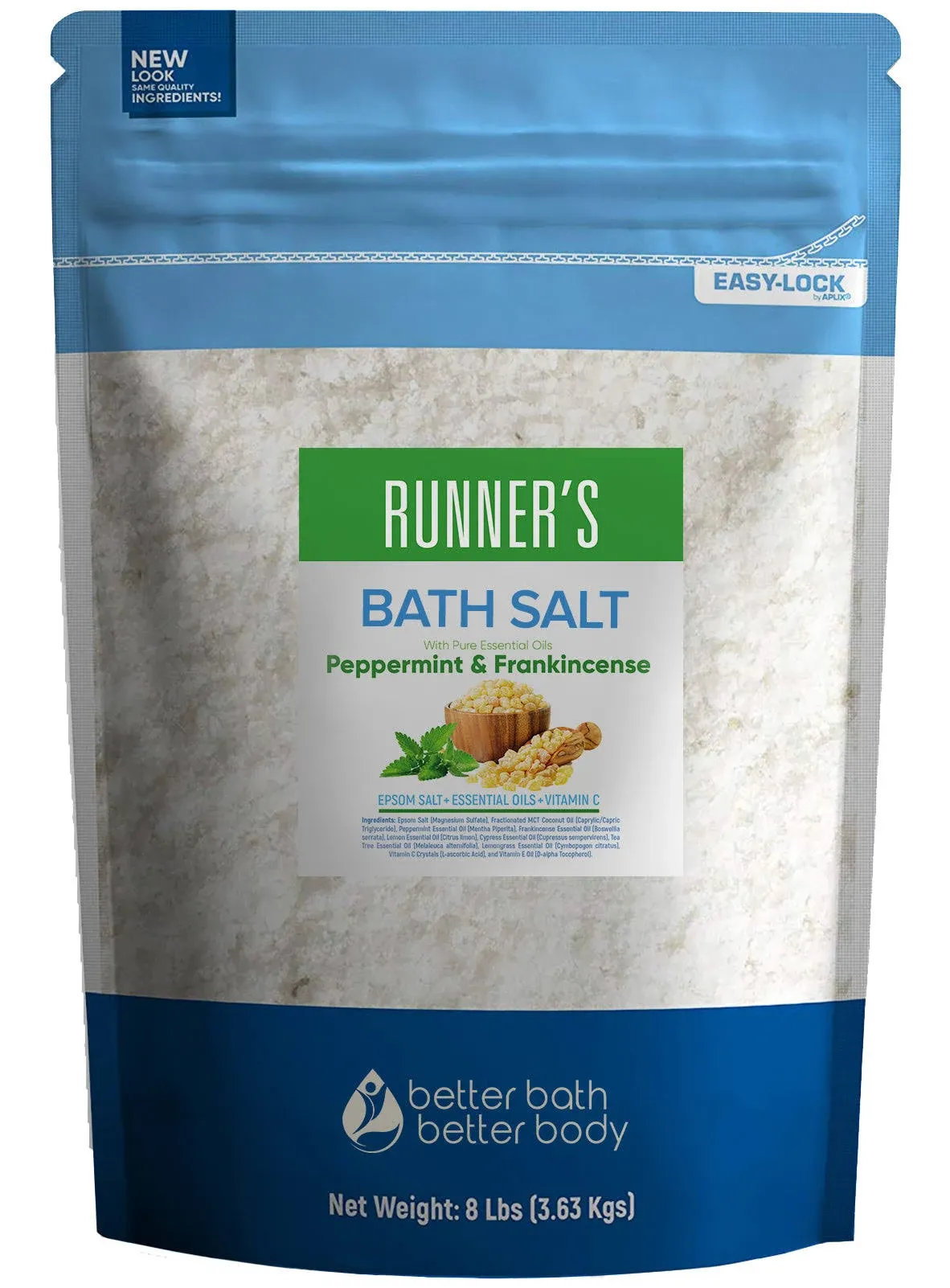 Runner's Bath Salt 32 Ounces Epsom Salt with Natural Peppermint, Frankincense, Lemon, Cypress, Tea Tree and Lemongrass Essential Oils Plus Vitamin C