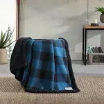 Eddie Bauer Cabin Buffalo Plaid Sherpa Reversible Throw Blanket, Blue