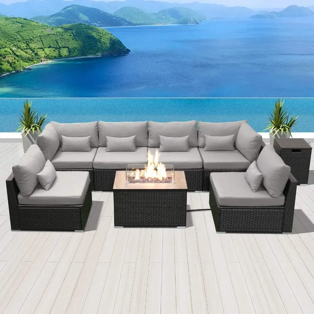 Sectional Sofa with Gas/Propane Fire Pit Table Outdoor Patio Furniture Sets (Lig