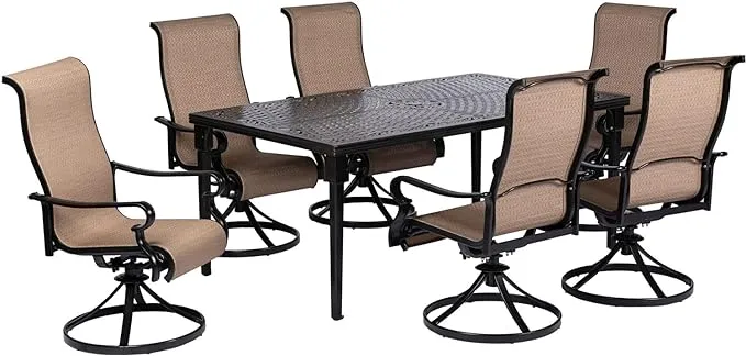 Hanover Brigantine 7-Piece Dining Set with A 40" x 70" Cast-Top Dining Table and 6 Sling Swivel Rockers