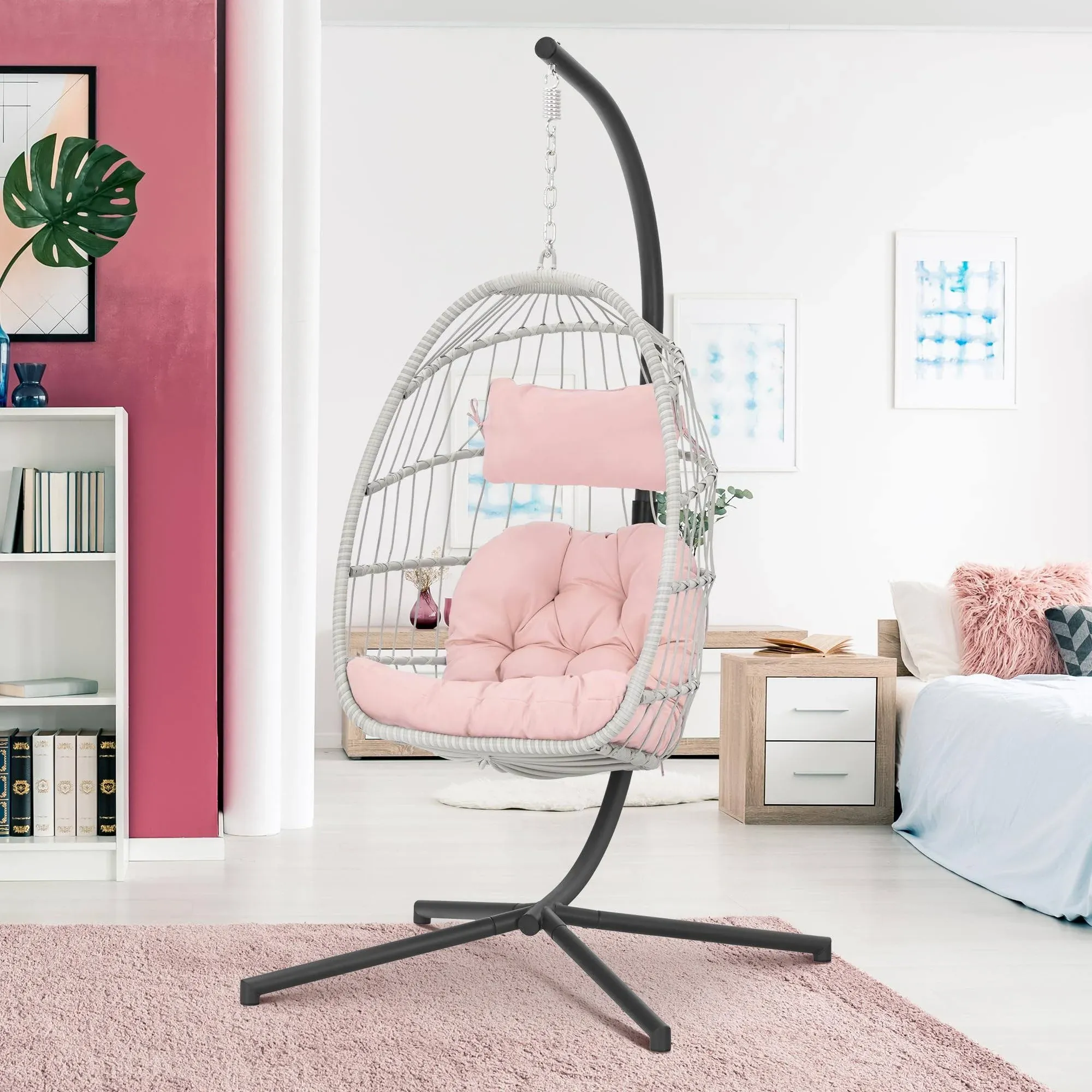 Xiao Wei Hanging Egg Chair with Stand Pink Swing Egg Chairs Wicker Rattan Hammock Chairs for Indoor Outdoor Bedroom Garden Aluminum S