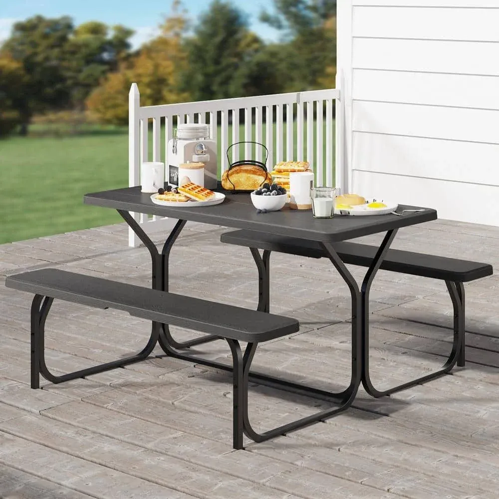 YITAHOME Picnic Table 6ft Heavy Duty Outdoor Picnic Table and Bench Resin Tabletop & Stable Steel Frame w/Umbrella Hole for Yard Patio Lawn Party