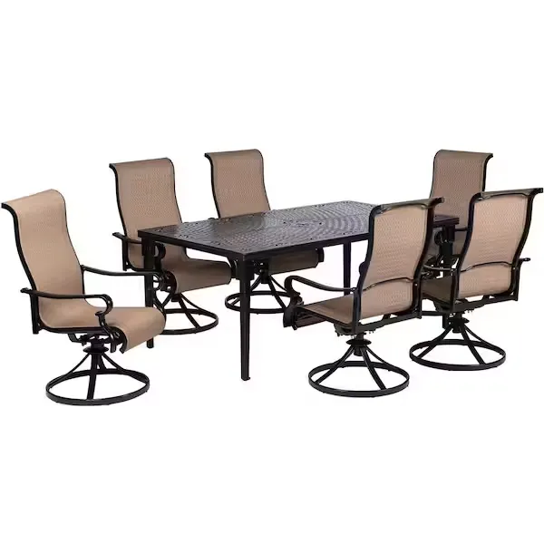 Hanover Brigantine 7-Piece Dining Set with A 40" x 70" Cast-Top Dining Table and 6 Sling Swivel Rockers