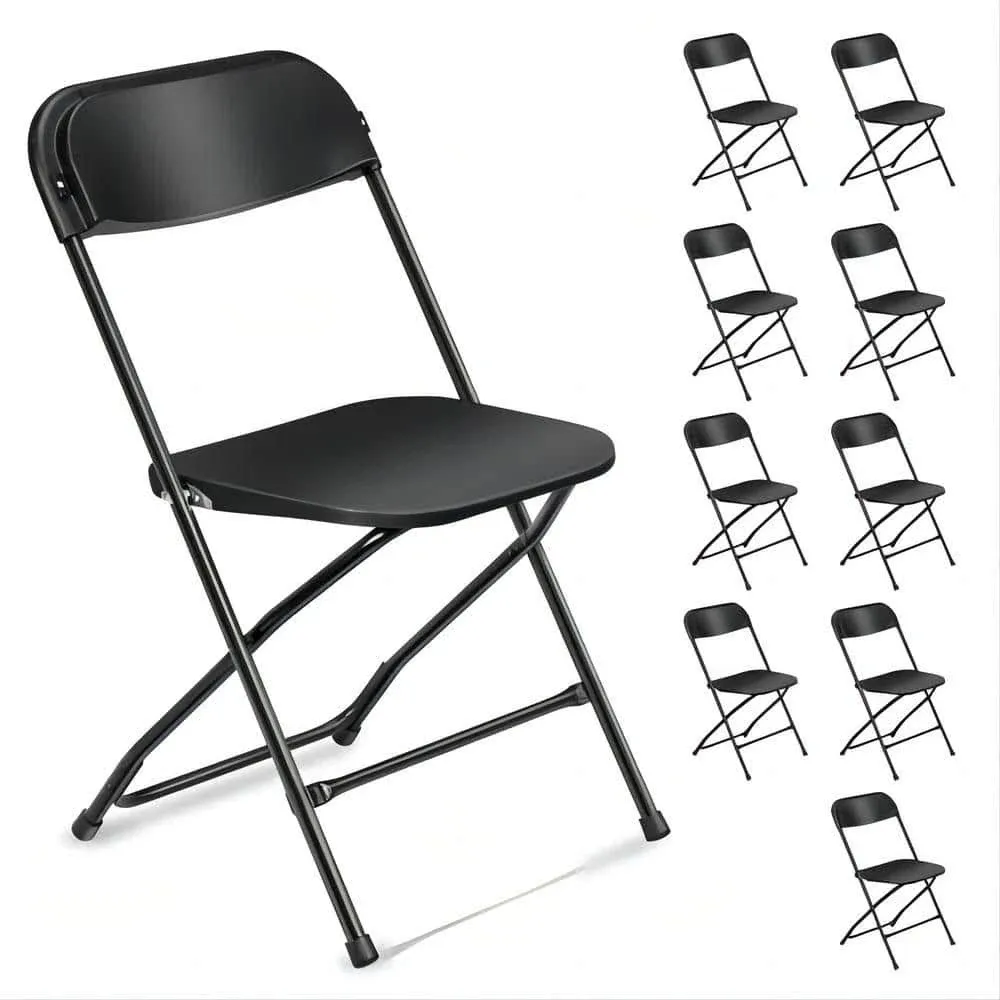 Black Plastic Folding Chairs, Indoor Outdoor Stackable Seat (10-Pack)