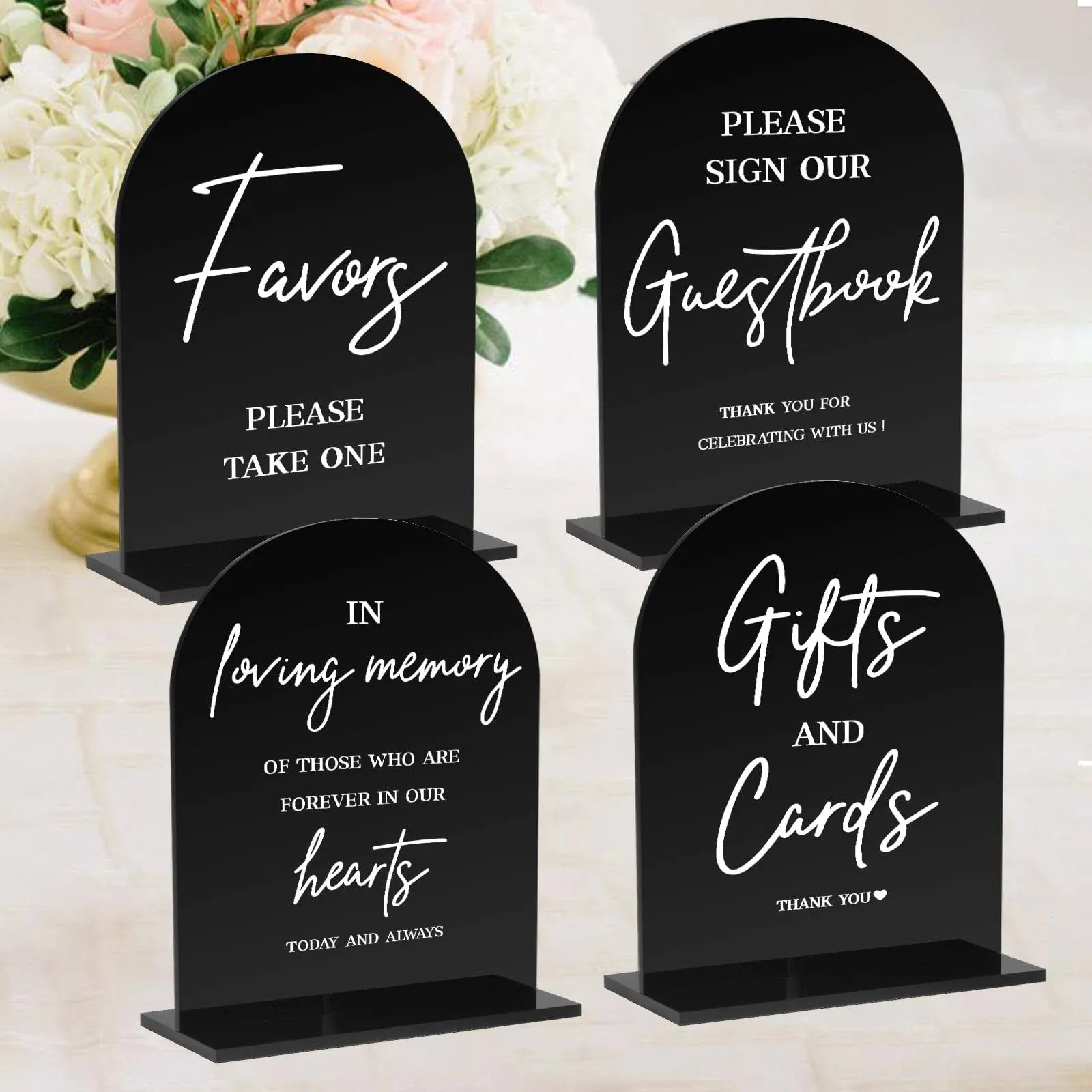 KOSKIMER 4 Pcs Acrylic Wedding Signs for Ceremony and Reception, 5x7 Inch Black Wedding Signage, Guest Book Sign, Cards and Gifts Sign, Favors Sign, In Loving Memory Sign, Wedding Reception Decor