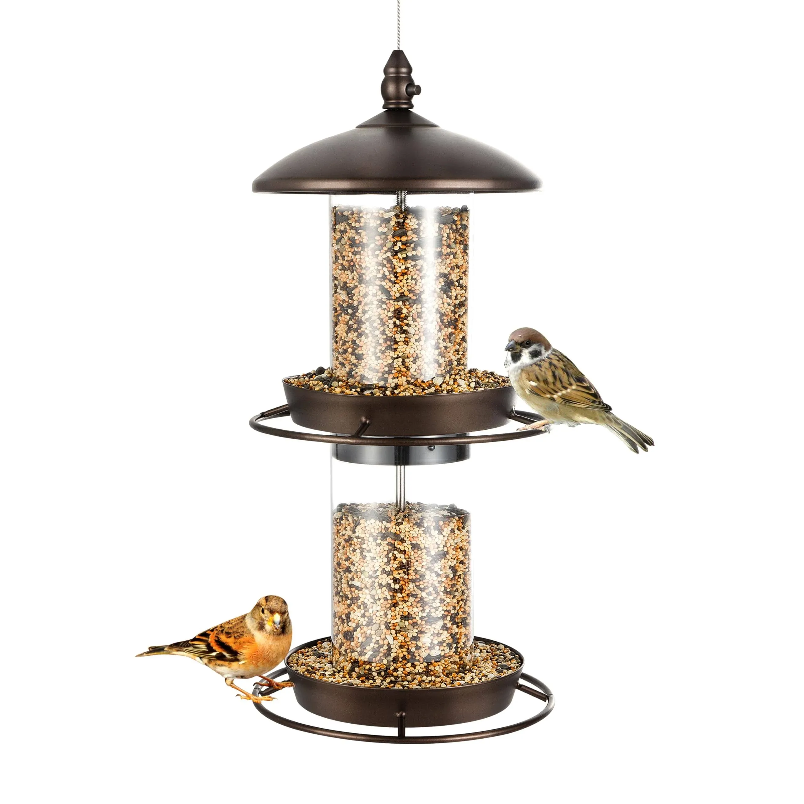 2-Tier Bird Feeder with Sure-Lock Cap and Hanging Hook, Wild Bird Feeders Brown