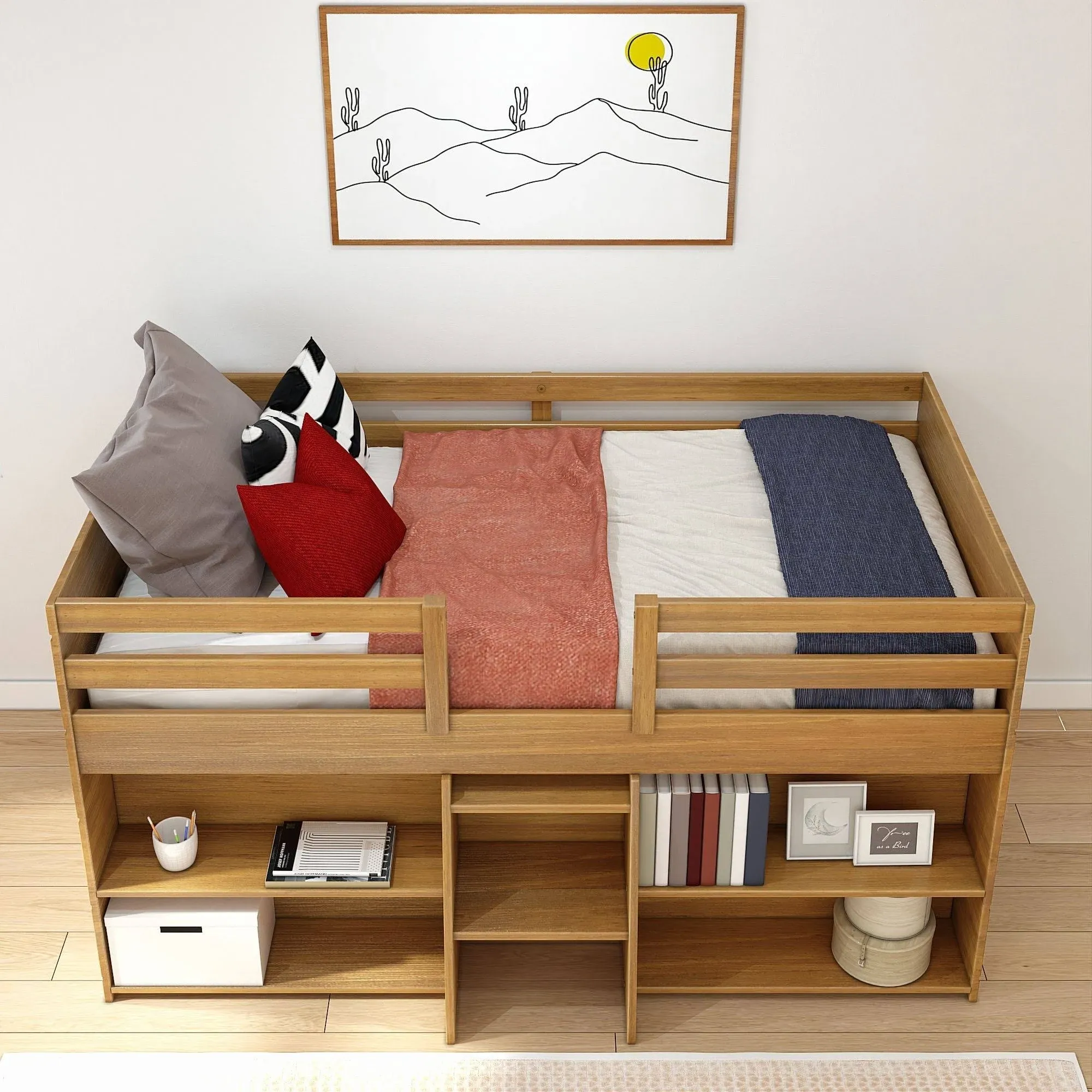 Max & Lily Modern Farmhouse Low Loft Bed, Twin Bed Frame for Kids with 2 Bookcases