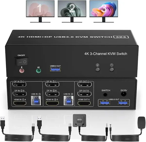 HDMI + 2 Displayport USB 3.0 KVM Switch Triple Monitor for 2 Computers, 4K@60Hz KVM Switch 2 Computers x 3 Monitors with Audio Microphone Output and 3 USB 3.0 Ports, Keyboard Mouse Switcher