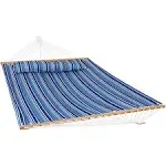 Sunnydaze 2-Person Fabric Spreader Bar Hammock and Pillow - Breakwater Stripe