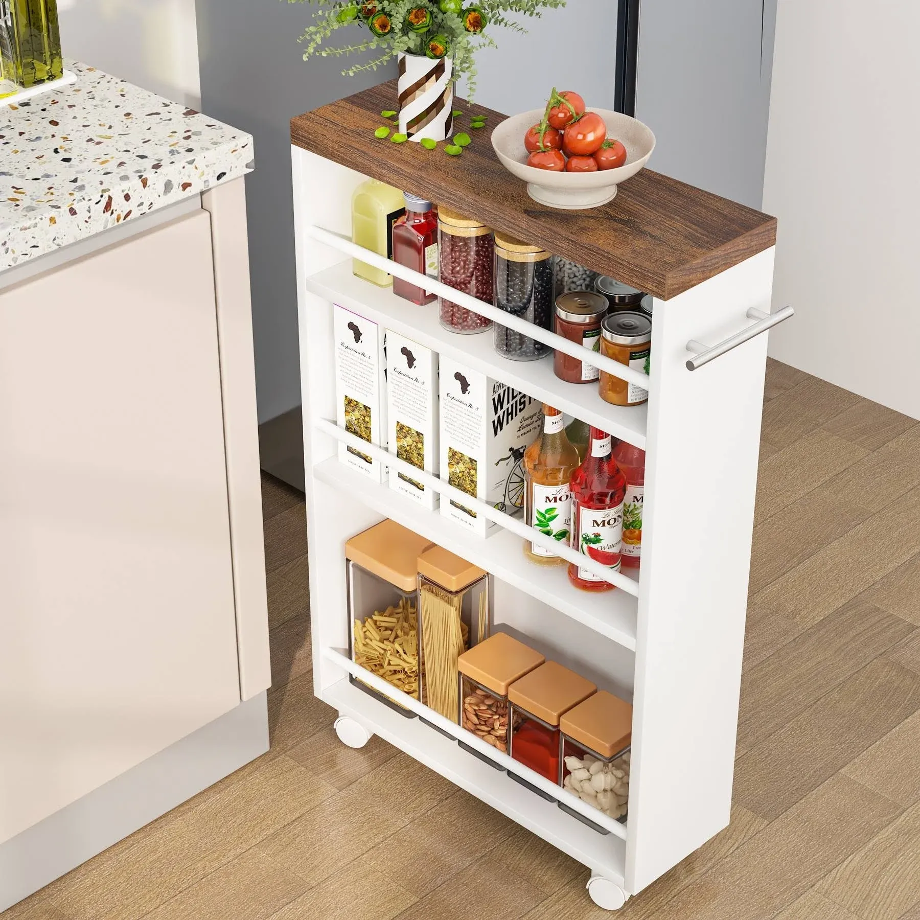 Slim Storage Cart, Rolling Narrow Kitchen Cart On Wheels - N/A - White & Rustic