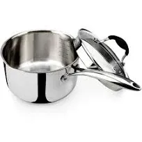 Tri-Ply Stainless Steel Saucepan with Glass Strainer Lid, Two Side Spouts, Ergon