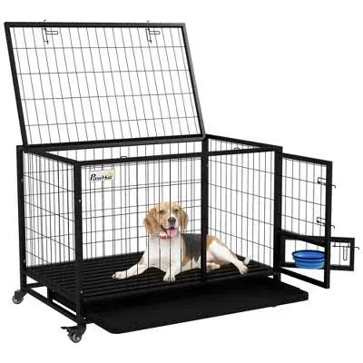 PawHut 36" Heavy Duty Dog Crate with Bowl Holder, Strong Steel Dog Cage Kennel with Wheels, Detachable Door, Openable Top and Removable Tray for Large and Extra Large Dogs, Black