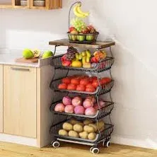 Fruit Basket for Kitchen with Wood Top 5 Tier,Stackable Fruit and Vegetable Rack