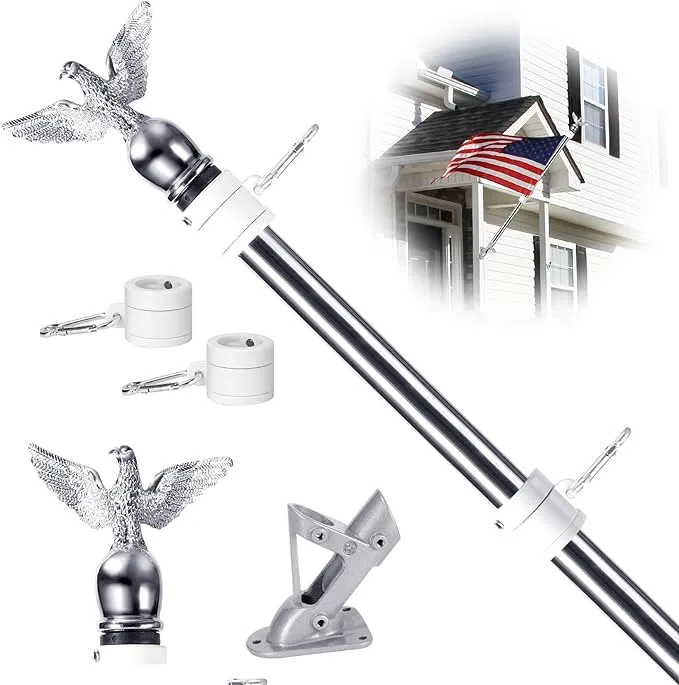 6FT Flag Pole Kit for House with Holder Bracket, Upgrade Stainless Steel Tangle Free Flagpole, Heavy Duty House Flag Pole Kit for 3x5 American Flag for Outside Porch,Outdoor,Boat (Cream)