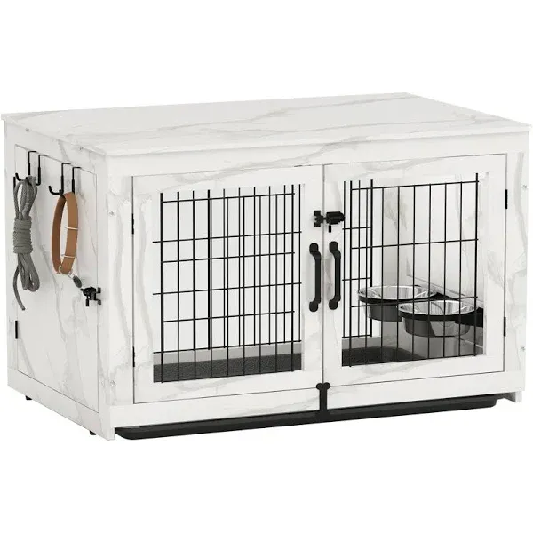 Piskyet Wooden Dog Crate Furniture with 360°Rotatable Removable Dog Bowls, Dog Crate End Table with Tray, Double Doors Dog Kennels forDogs(L:37.7" L