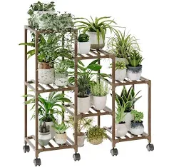 Bamworld Plant Stand with Wheels for Indoor Plants Wood Outdoor Tiered Plant Shelf 3 Tire 7 Potted Ladder Plant Holder Table PLA