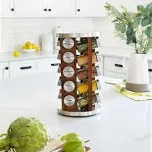  20 Jar Dark Acacia Wood Spice Rack with Spices Included - Rotating Tower 