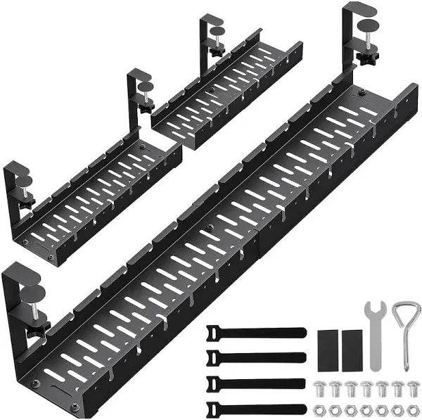 SRJZMLY 31inch Extendable Under Desk Cable Management Tray, Metal Cable Management Tray Under Desk Cord Management with Clamp, Extendable Power Strip