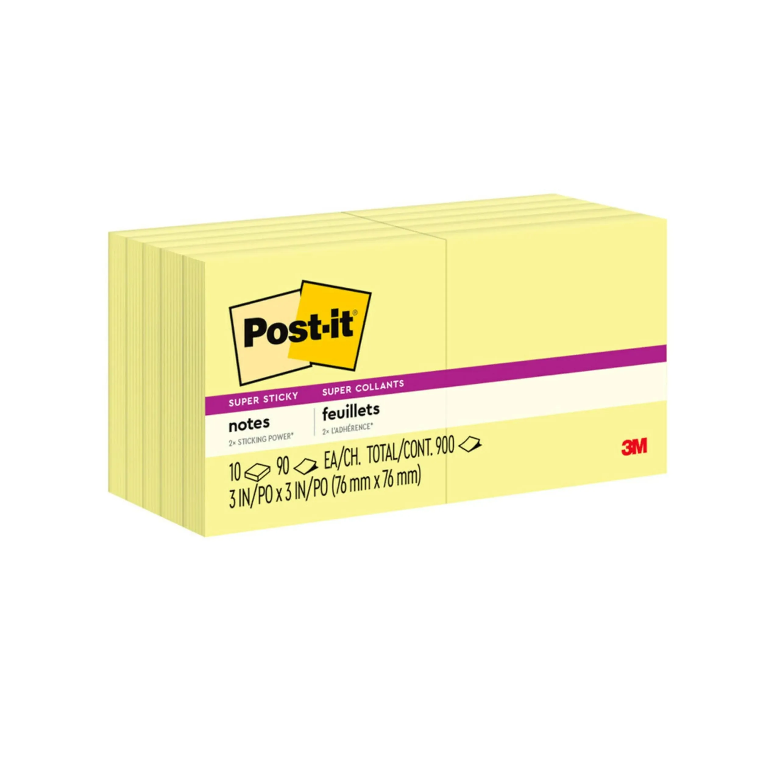 Post-it Super Sticky Notes, 3" x 3", Canary Collection, 90 Sheet/Pad, 10 Pads/Pack (VZ558255)