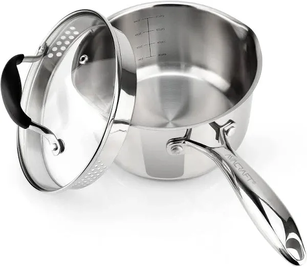 AVACRAFT Stainless Steel Saucepan with Glass Lid, Strainer Lid, Two Side Spouts 