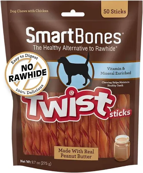 SmartBones Twist Sticks with Peanut Butter, SBTT-02943, 50-count