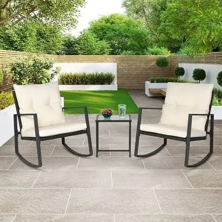 Suncrown Outdoor Patio 3-Piece Rocking Black Wicker Bistro Set Off White