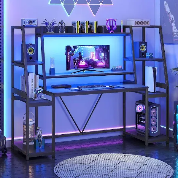 Gaming Desk with LED Lights, Hutch, Storage Shelves, and PC Gamer Desk