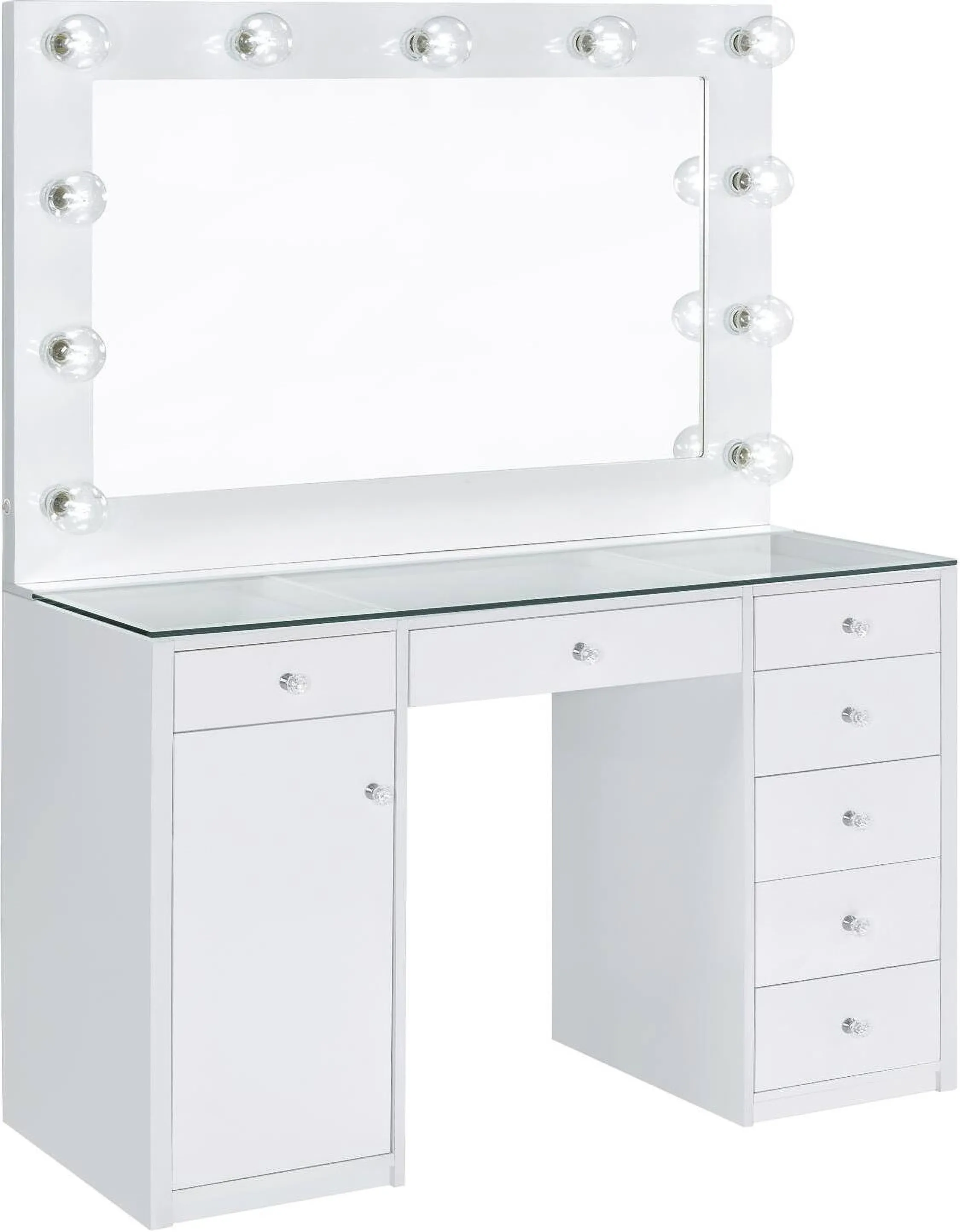 Coaster 7-Drawer Glass Top Vanity Desk with Lighting - White