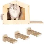 Cat Wall Shelves, Cat Shelves for Wall, Cat House Wall Furniture, Cat Condo Shelf with 3 Steps Scratching Post, Cat Bed Hammock Wall Mounted, Climbing Shelf Wall Mount for Indoor Cats (Wood)