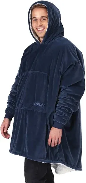 THE COMFY Classic Hooded Sweatshirt Blanket One-Size Sherpa Lined Hoodie - Navy - Polyester 