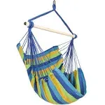 Highwild Hammock Chair Hanging Rope Swing - Max 500 lbs - Steel Spreader Bar with Anti-Slip Rings - for Any Indoor or Outdoor Spaces (Blue Striped)