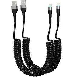 Coiled iPhone Charging Cable 2-Pack, Apple Carplay & MFi Certified, Short USB to Lightning Cable with Data Transmission and LED, Retractable iPhone