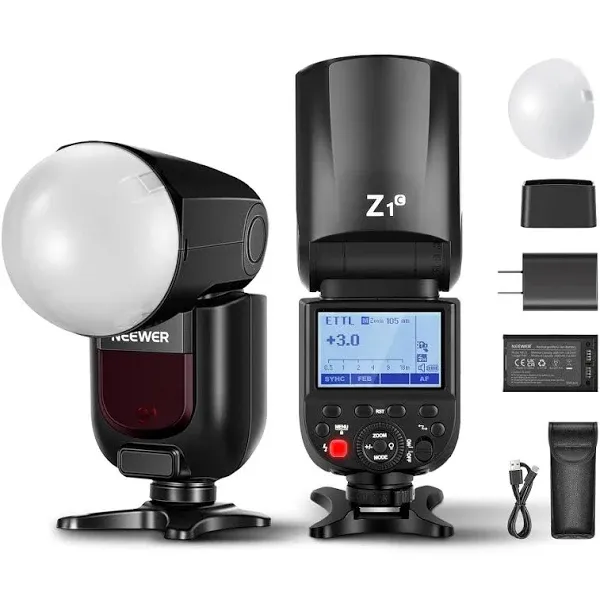 NEEWER Z1-C TTL Round Head Flash Speedlite for Canon with Magnetic Dome Diffuser, 76Ws 2.4G 1/8000s HSS Speedlight, 10 Levels LED Modeling Lamp, 2600mAh Battery, 480 Full Power Shots, 1.5s Recycling