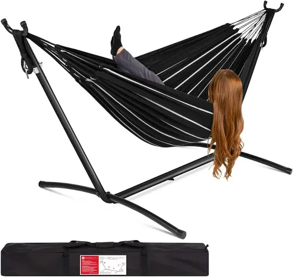 Best Choice Products Double Hammock with Steel Stand, Indoor Outdoor Brazilian-Style Cotton Bed w/Carrying Bag, 2-Person Capacity - Aster