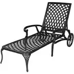 VINGLI Cast Aluminum Outdoor Chaise Lounge Chair with Wheels, Patio Chaise Lounge with 3-Position Adjustable Backrest, Outdoor Tanning Chair Patio Lounge Chair (Black, Without Cushion)