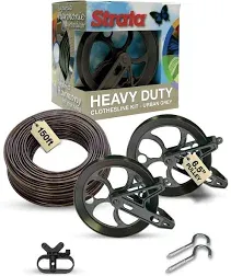 Strata Urban Grey Harmony Clothesline Outdoor Heavy Duty Kit - 150 Feet Galvanized Wire Mocha PVC Coating, 6.5" Clothesline Pulley 2pcs, Metal Mini Winch Tightener 1pc & 2 Metal Hooks