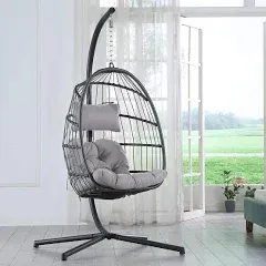 Hanging Egg Chair with Steel Stand and Fluffy Cushion, Lounge Wicker Iron Swing Chairs for Indoor Outdoor Patio Garden