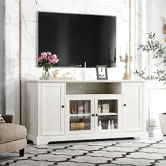 TV Stand for TVs up to 65 in with 2 Tempered Glass Doors and Adjustable Panels, Open Style Sideboard Cabinet, for Living Room, White