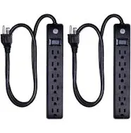 GE 6-Outlet Surge Protector 2 Pack, 3 Ft Extension Cord, Power Strip, 450 Joules, On/Off Switch, Integrated Circuit Breaker, Heavy Duty, Warranty, UL Listed, Black, 83969