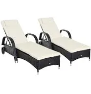 2-Piece Metal, Rattan Rolling Outdoor Chaise Lounge with Cream White Cushions