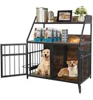 Heavy Duty Dog Crate Furniture Dog Kennel with Storage Shelf and 2 Hooks Adjustable Raised Feeder with Divider for 2 Small Dogs or 1 Medium Dog (40.7’’W x 23.6’’D x 45.7 H)