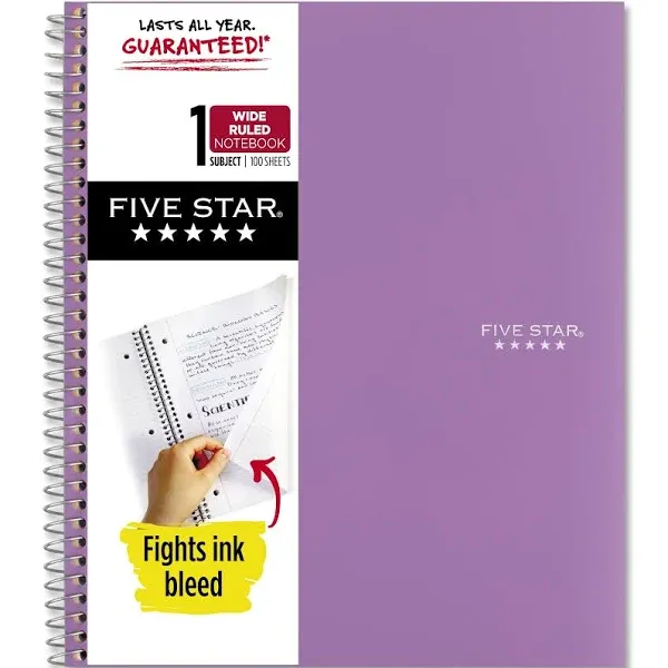 Five Star Spiral Notebook, 1 Subject, Wide Ruled Paper, 100 Sheets, 10-1/2" x 8"