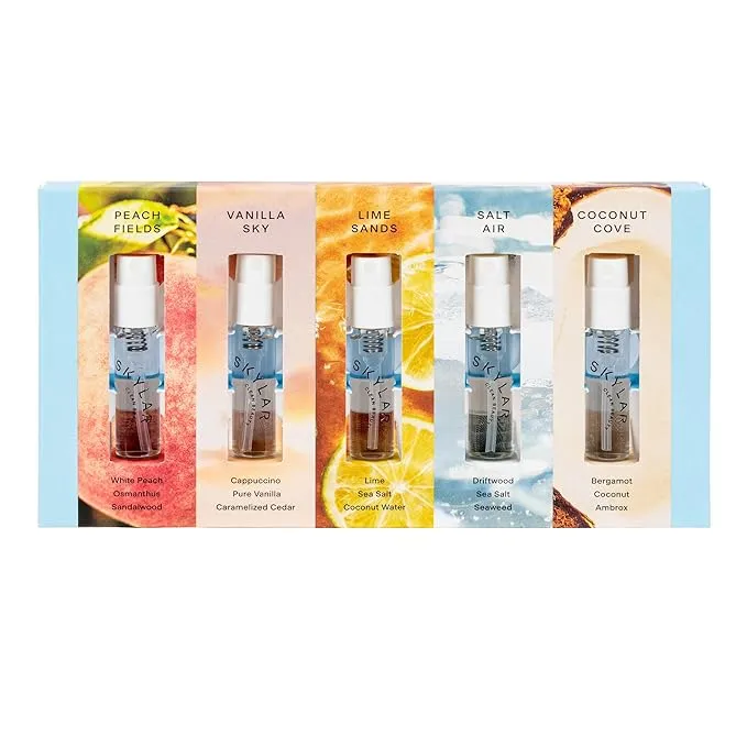 Skylar Perfume Discovery spray Sampler Set - Peach Fields, Vanilla Sky, Lime Sands, Salt Air, Coconut Cove - Hypoallergenic & Clean Perfume for Women & Men - 5 1.5mL