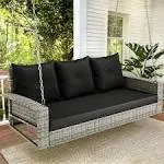 YITAHOME 3seats Wicker Hanging Porch Swing Chair Outdoor Gray Rattan Patio Swing Lounge 3 Back Cushions Capacity for Garden Ba